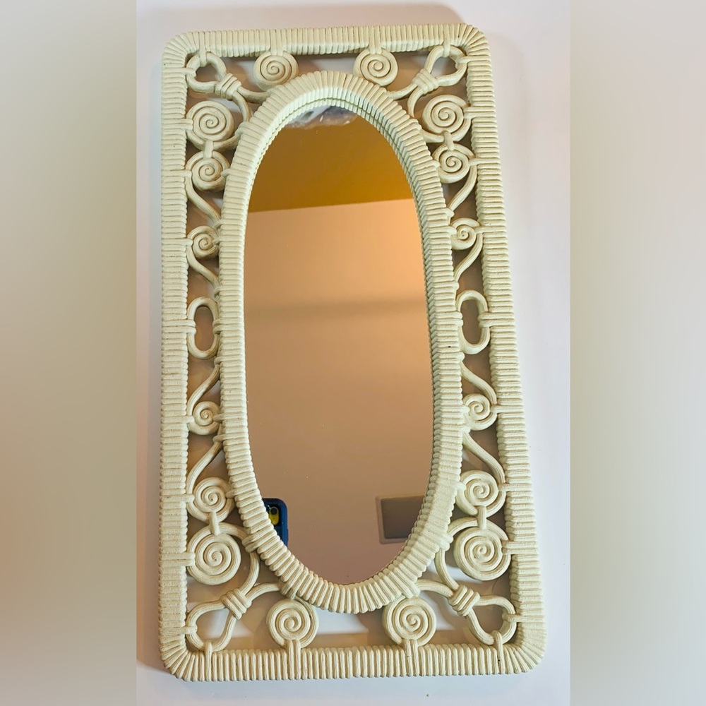 Vintage Dart Industries Wall Mirror Faux Rattan Cane Wicker Oval USA MCM 18x10